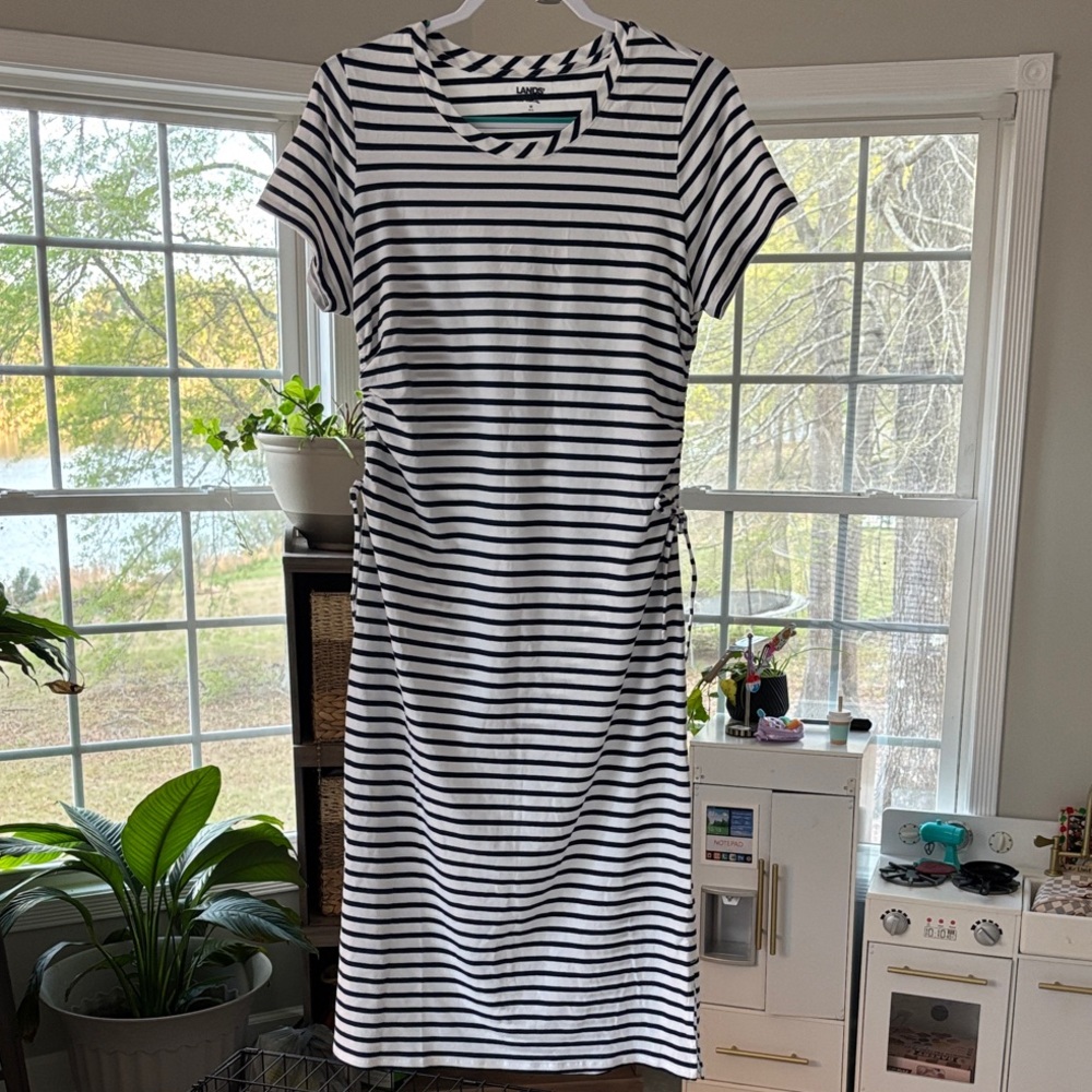 Lands' End Navy and White Striped Side-Tie Knit Midi Dress